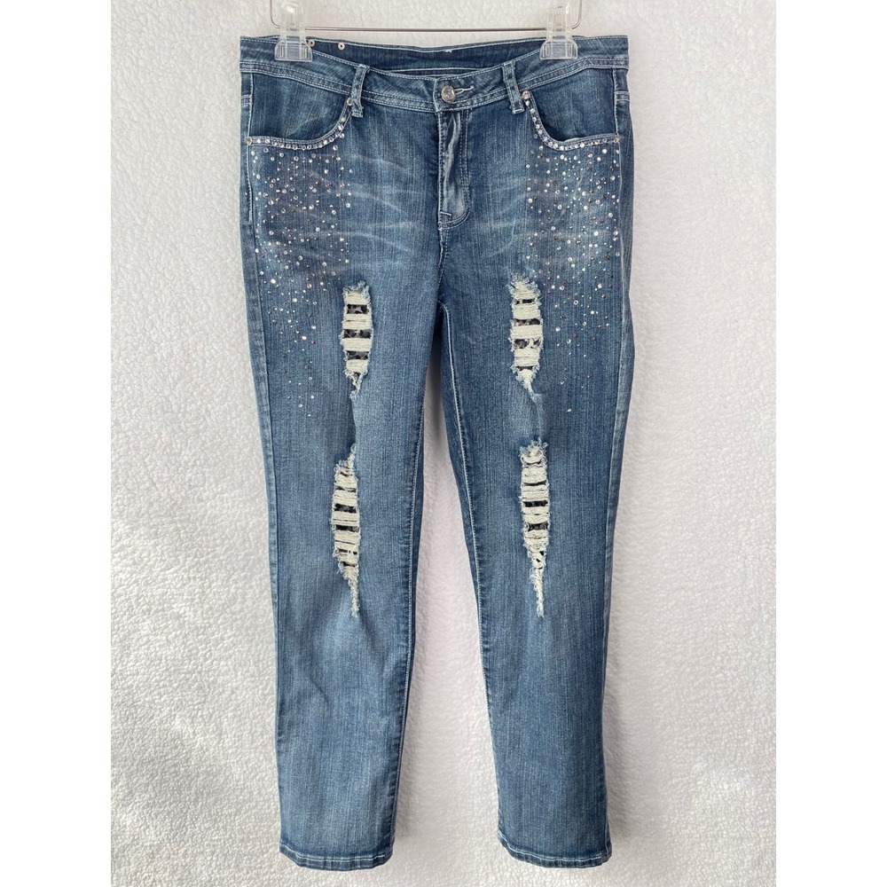 Midnight Velvet Style Womens Blue Distressed Rhinestone Leopard Jeans Size 10